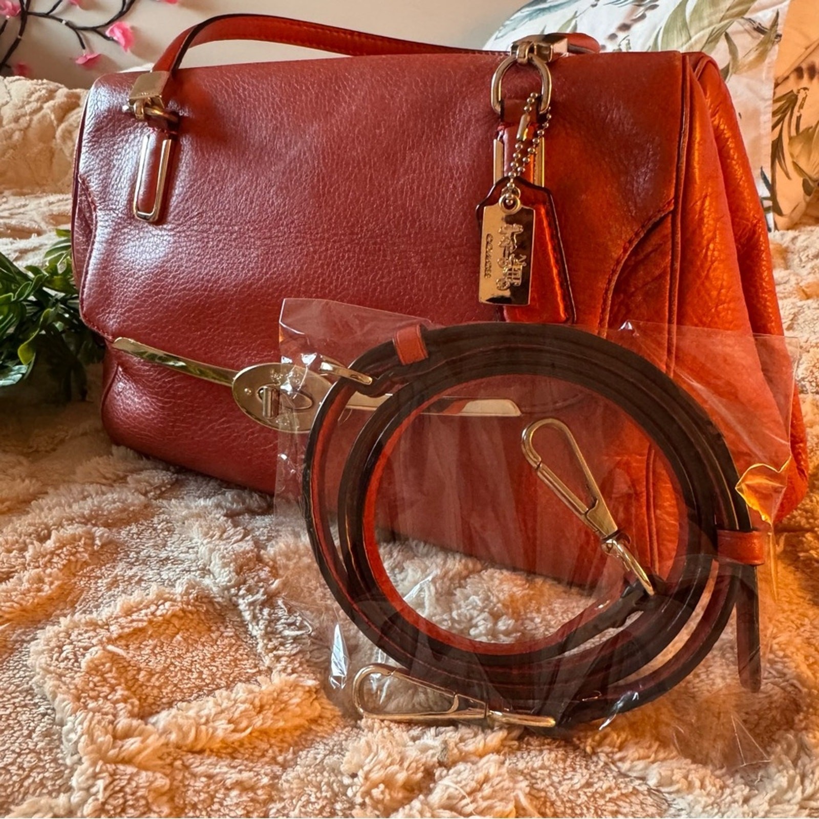 Coach Madison Madeline East West Leather Satchel Coral Red Detachable Crossbody