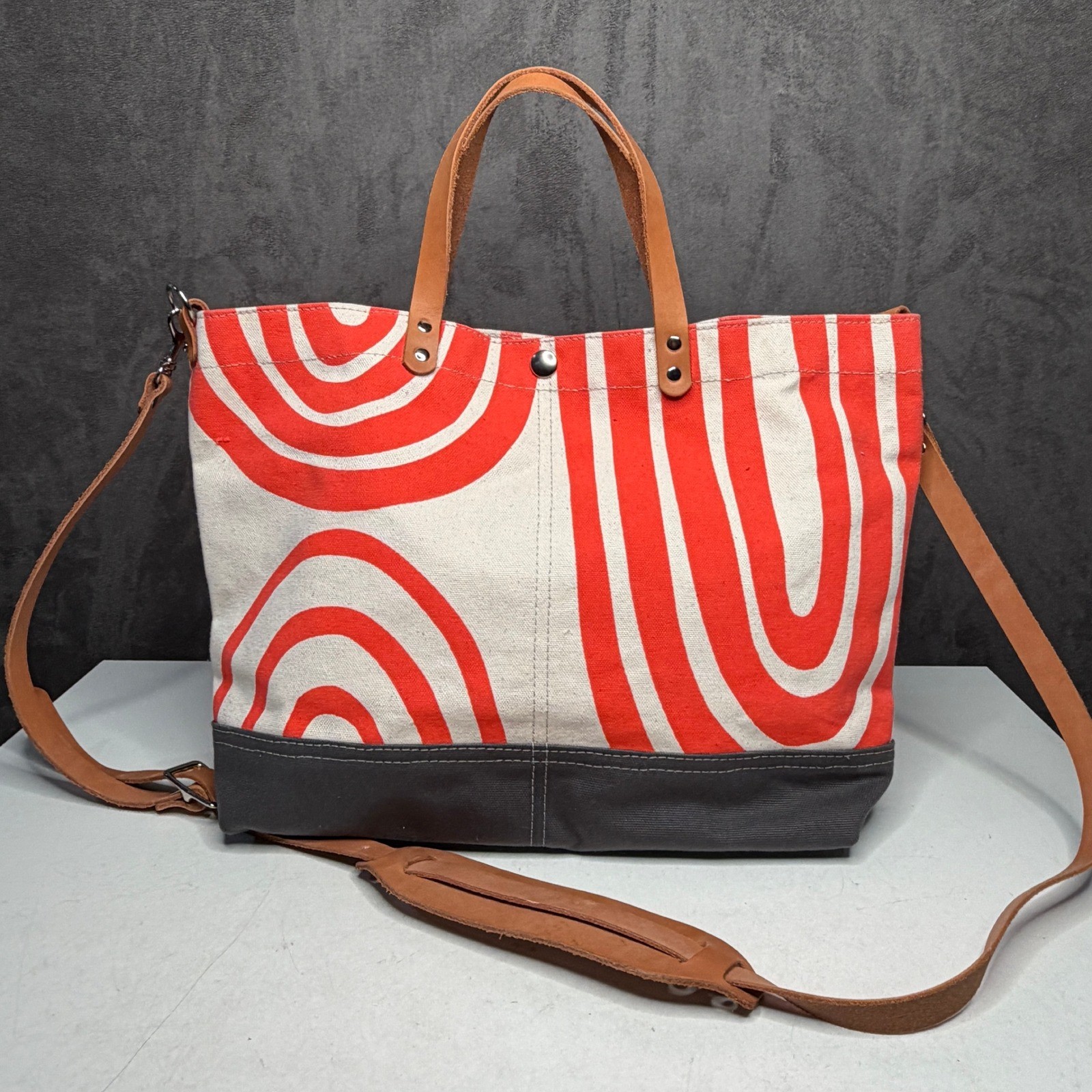 Rebecca Pearcy Tote Bag Womens Large Red White Abstract Canvas Leather Strap