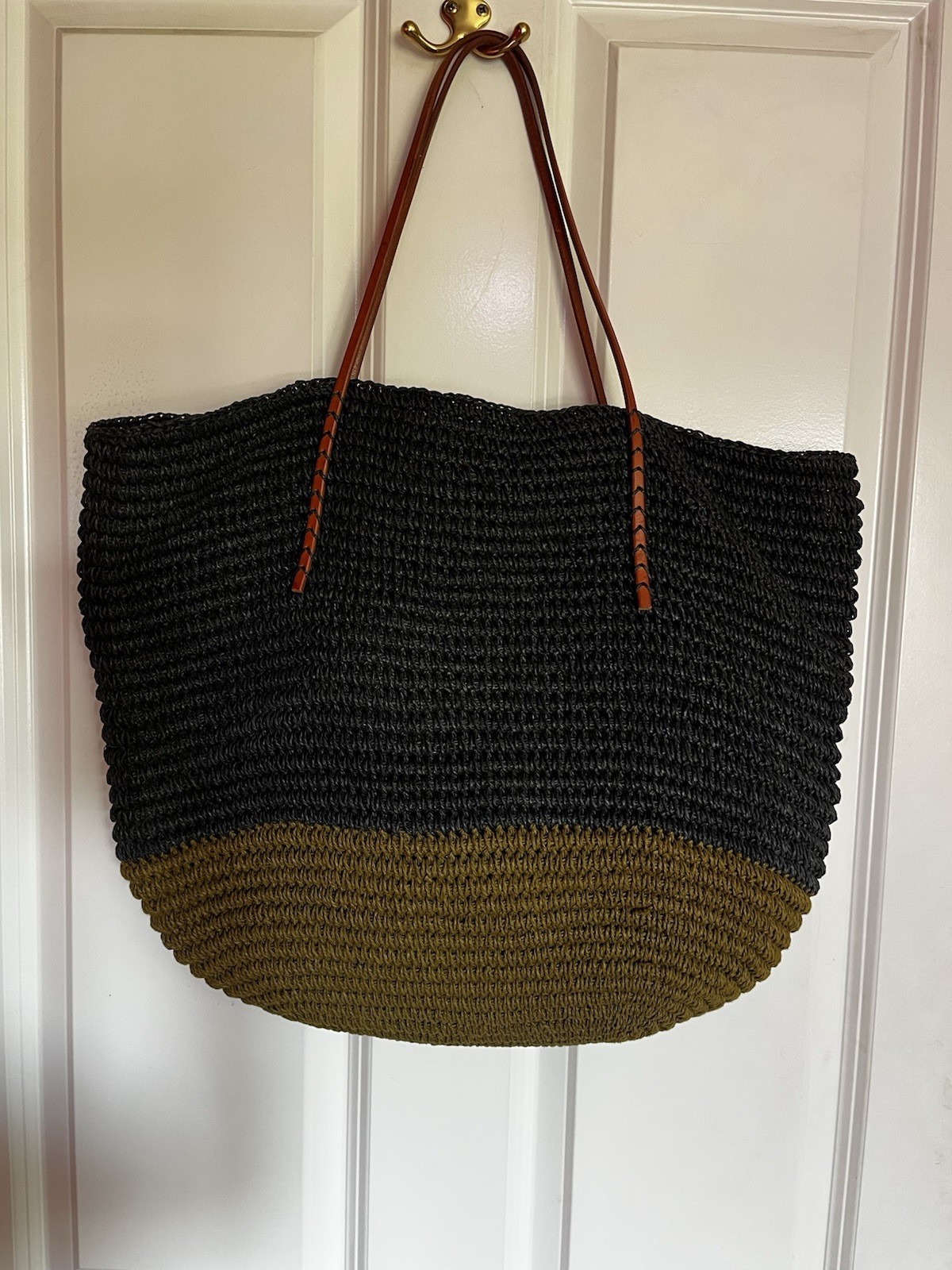 Merona beach tote black and olive colorblock woven tan leather handles
