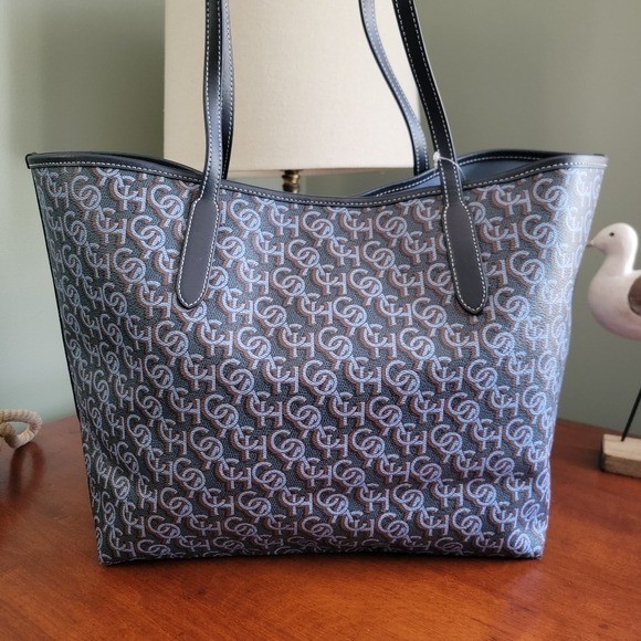 Coach CF342 City Tote Navy Blue Monogram Signature Canvas Leather NWT