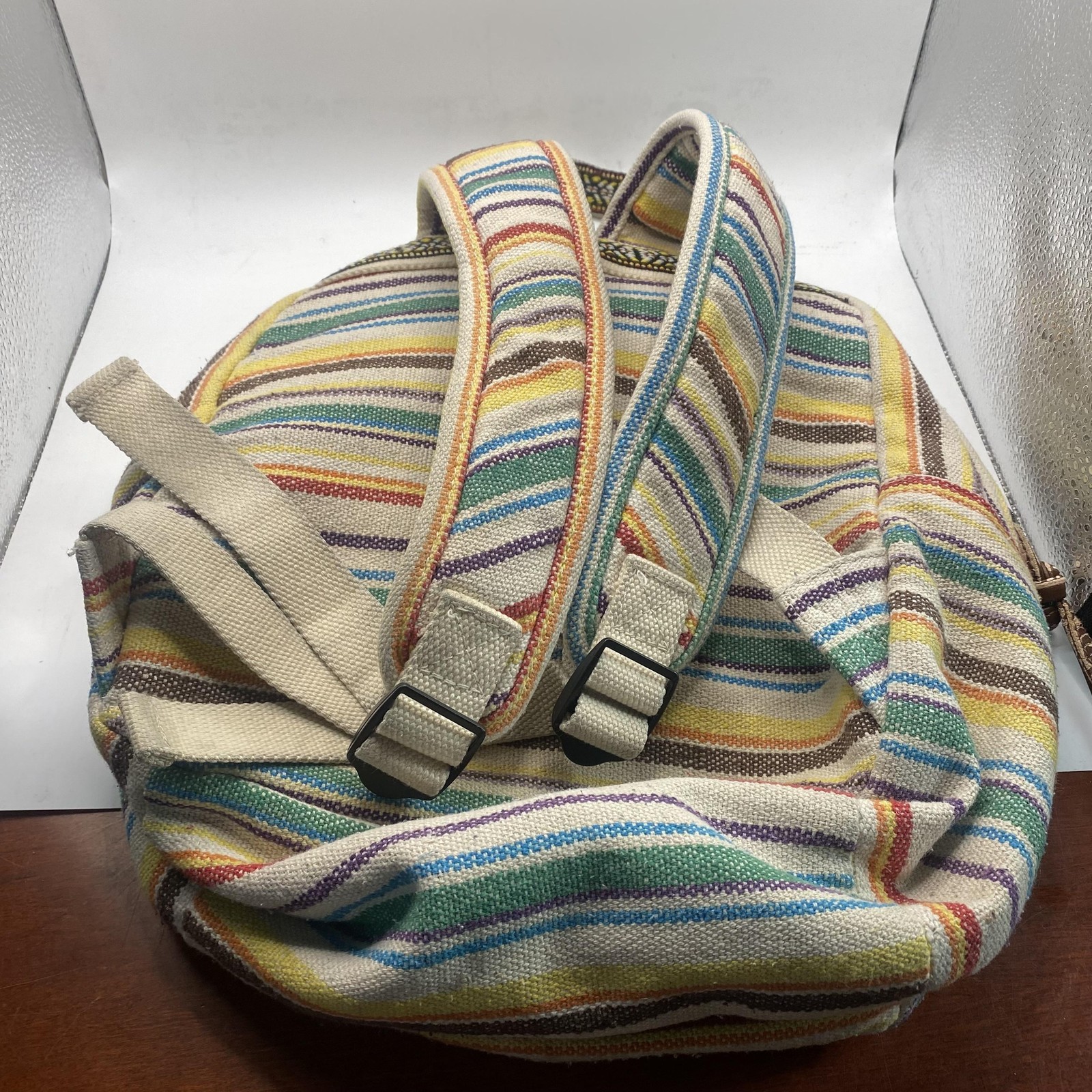 Mad Love Backpack Womens Small Multicolor Striped Cotton Canvas Pink Lining Boho
