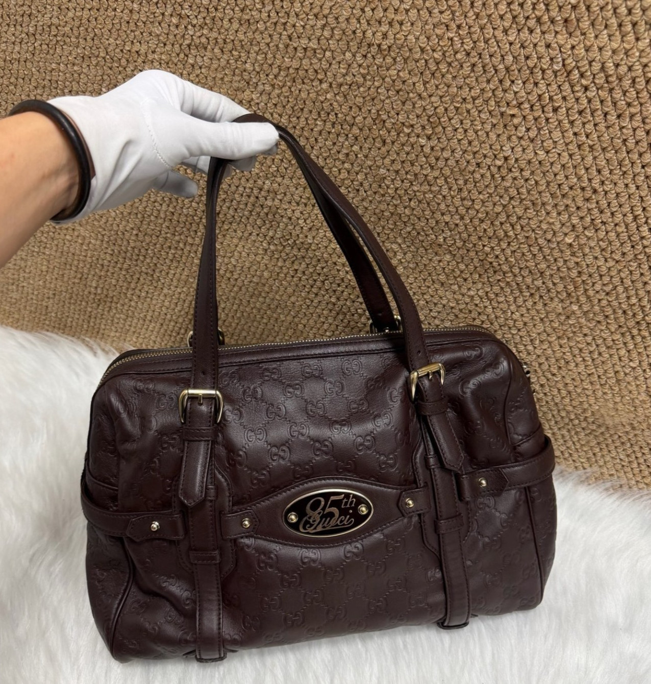 Authentic Gucci 85th Anniversary Boston Bag Embossed Leather Boston Bag Dark