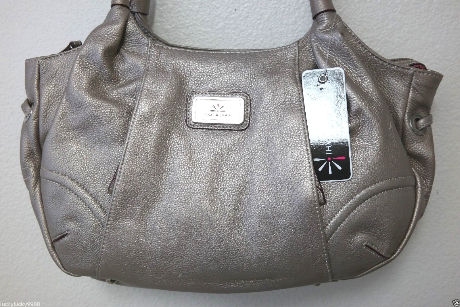 Isaac Mizrahi Live! Leather 3 Compartment Satchel & Scarf Satin Metallic *NWD*