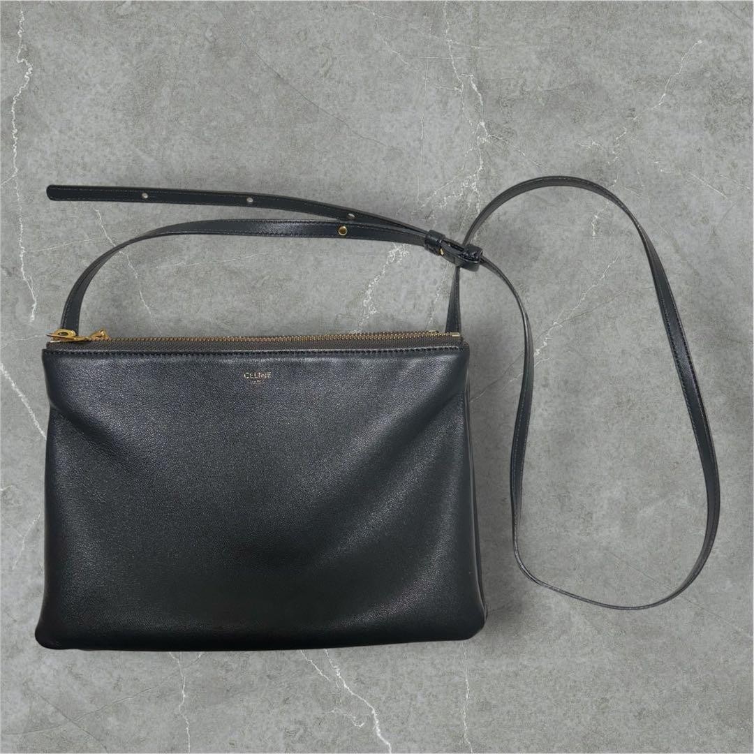 CELINE Trio Large Black Leather Shoulder Bag Crossbody Trio Bag Located NoAD