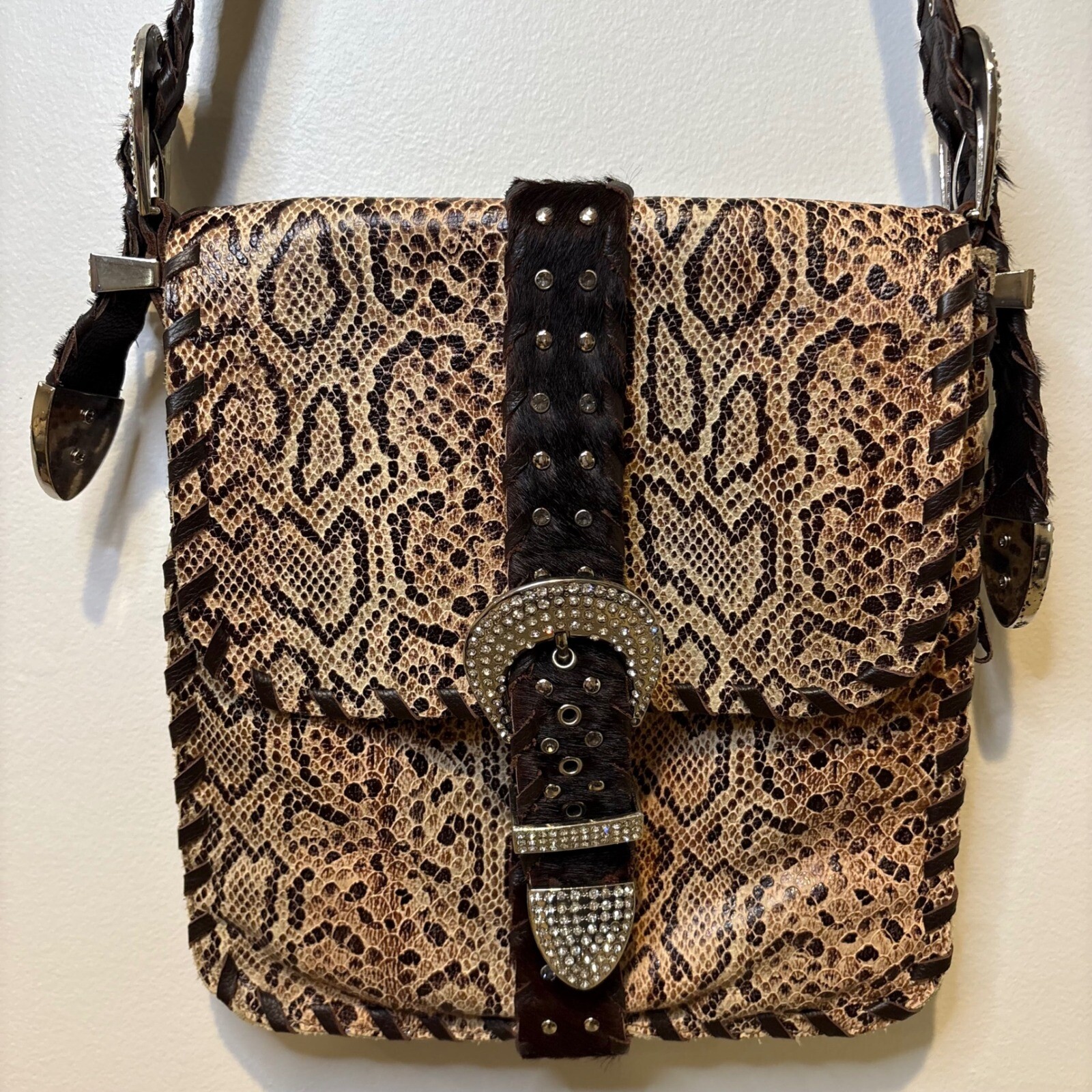 Charm & Luck Genuine Leather Hobo Snakeskin Bag Rhinestone Cowgirl Festival