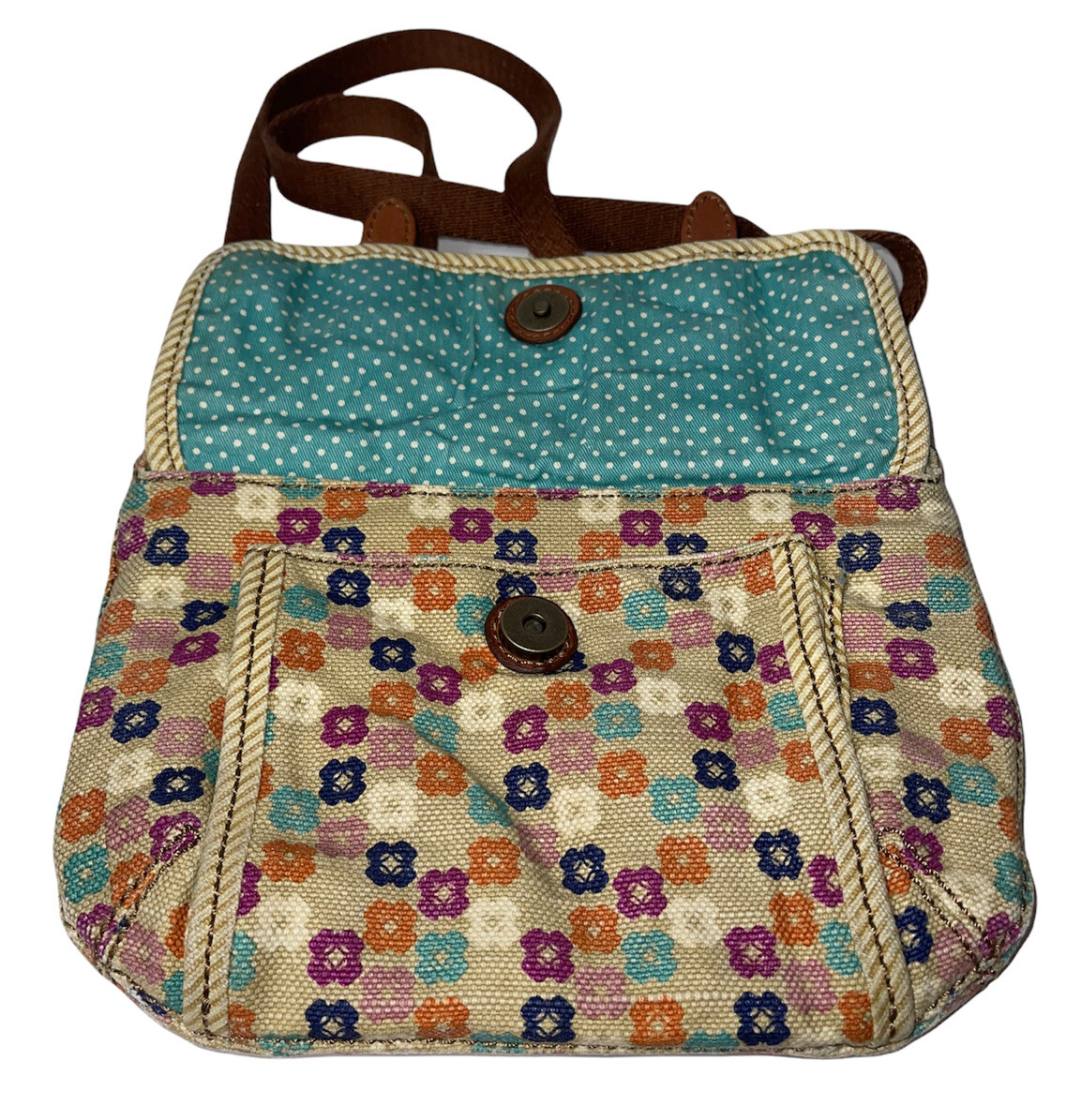 Fossil Crossbody Bag Fabric Canvas Multicolor Floral Leather Trim