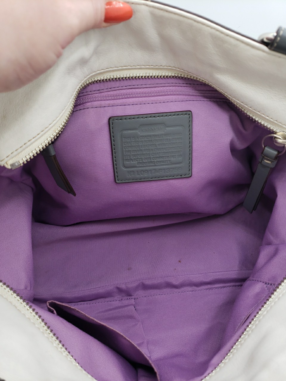 Coach Gallery Leather Shoulder Tote Bag Ivory Cream Gray Purple F13759 Pleated