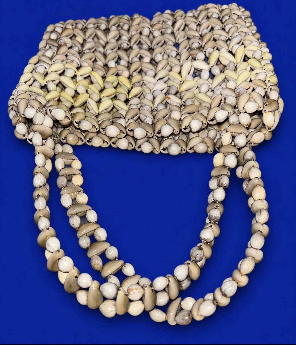 Vintage Handmade Cowrie Shell Beaded Top Handle Tote Purse Beach Boho Ivory Tan