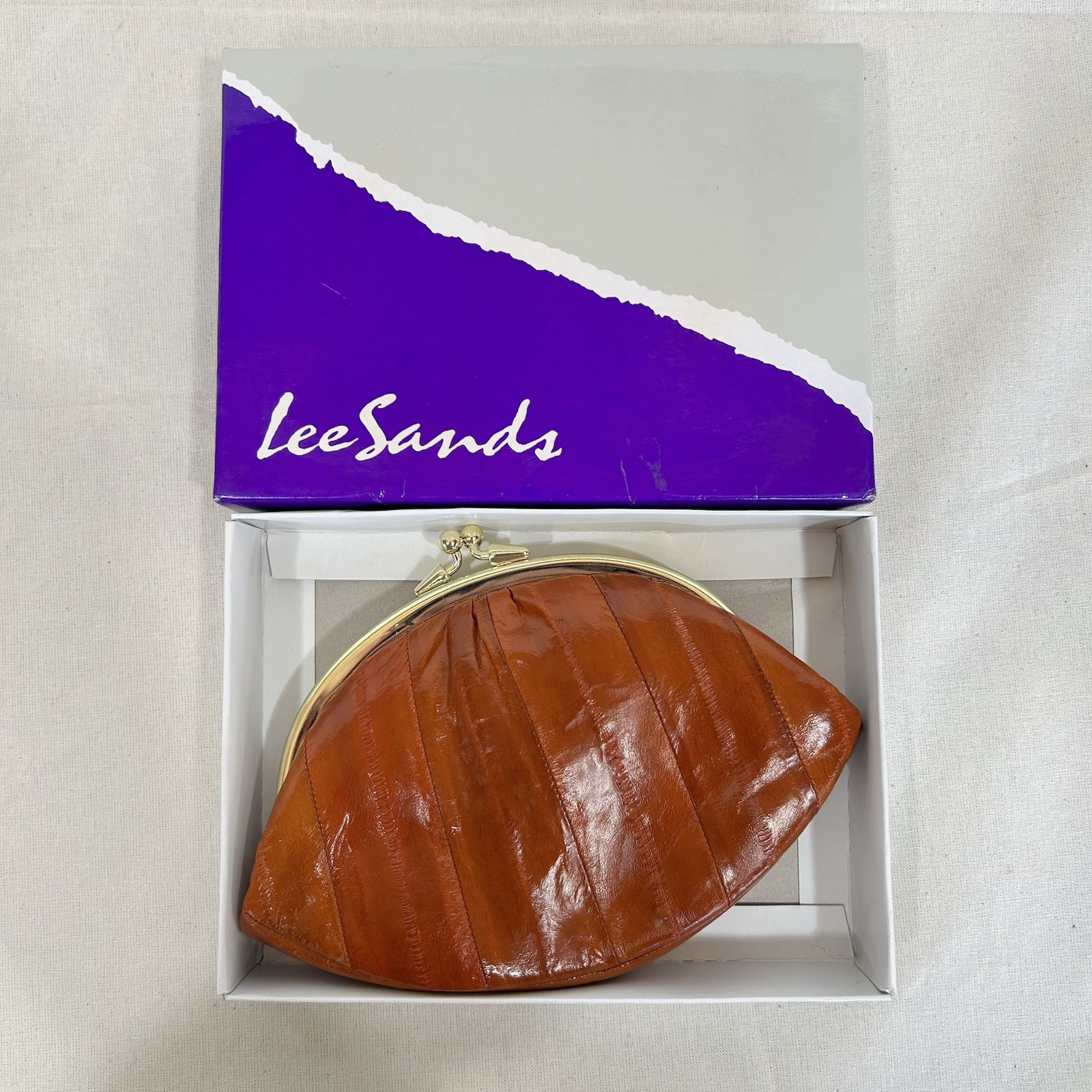 Lee Sands EEL Skin Clutch Purse With Original Box And Card Insert Cognac NEW