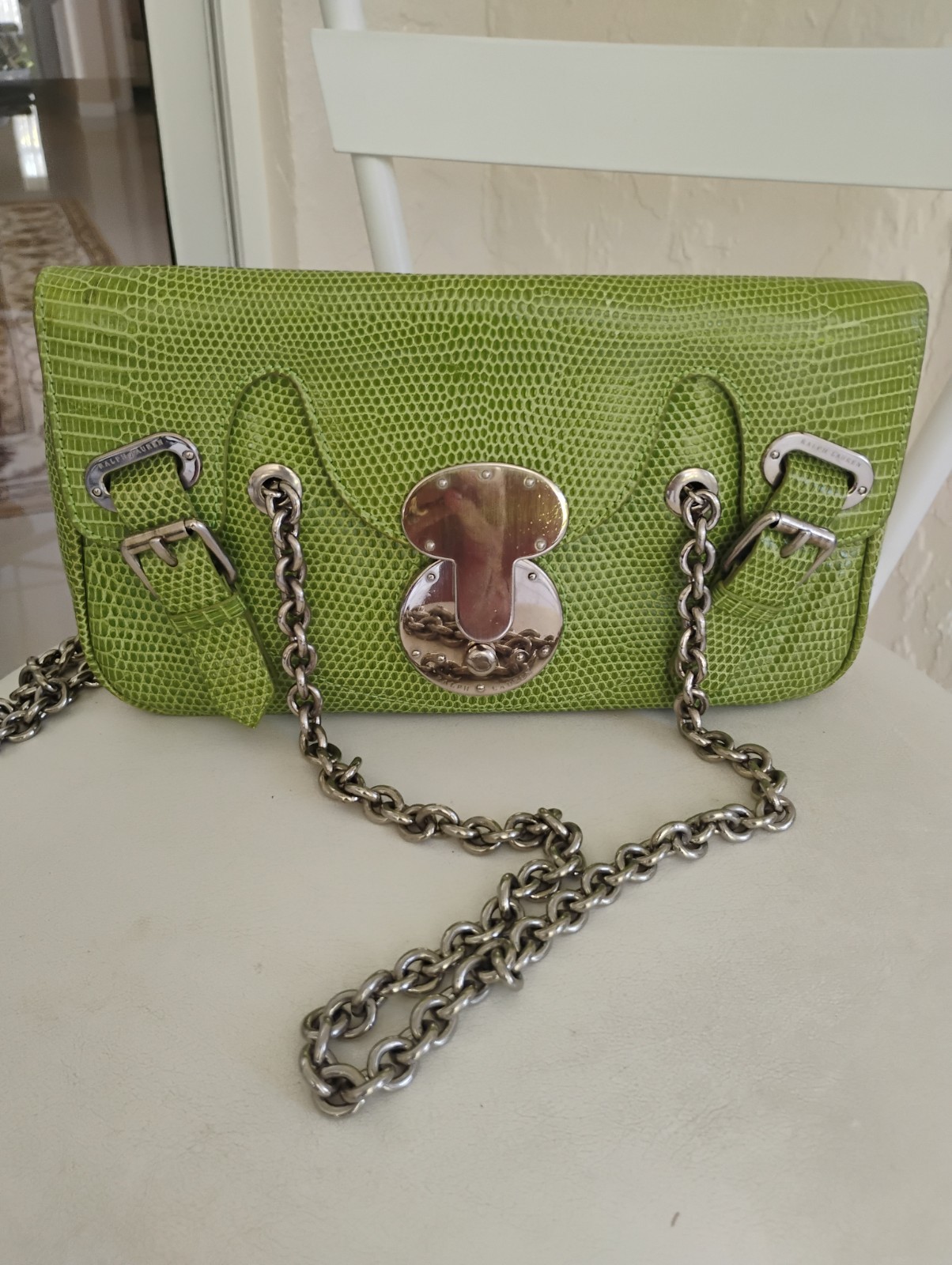 Ralph Lauren Ricky Green Lizard Leather Silver Chain Vintage Handbag Rare