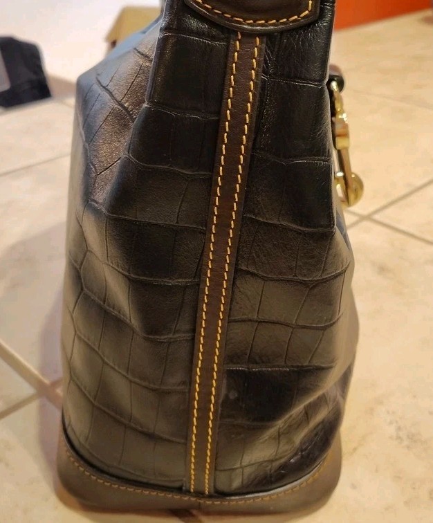 Dooney & Bourke Black With Brown Trim Croc Embossed Leather Logo Lock Hobo Bag