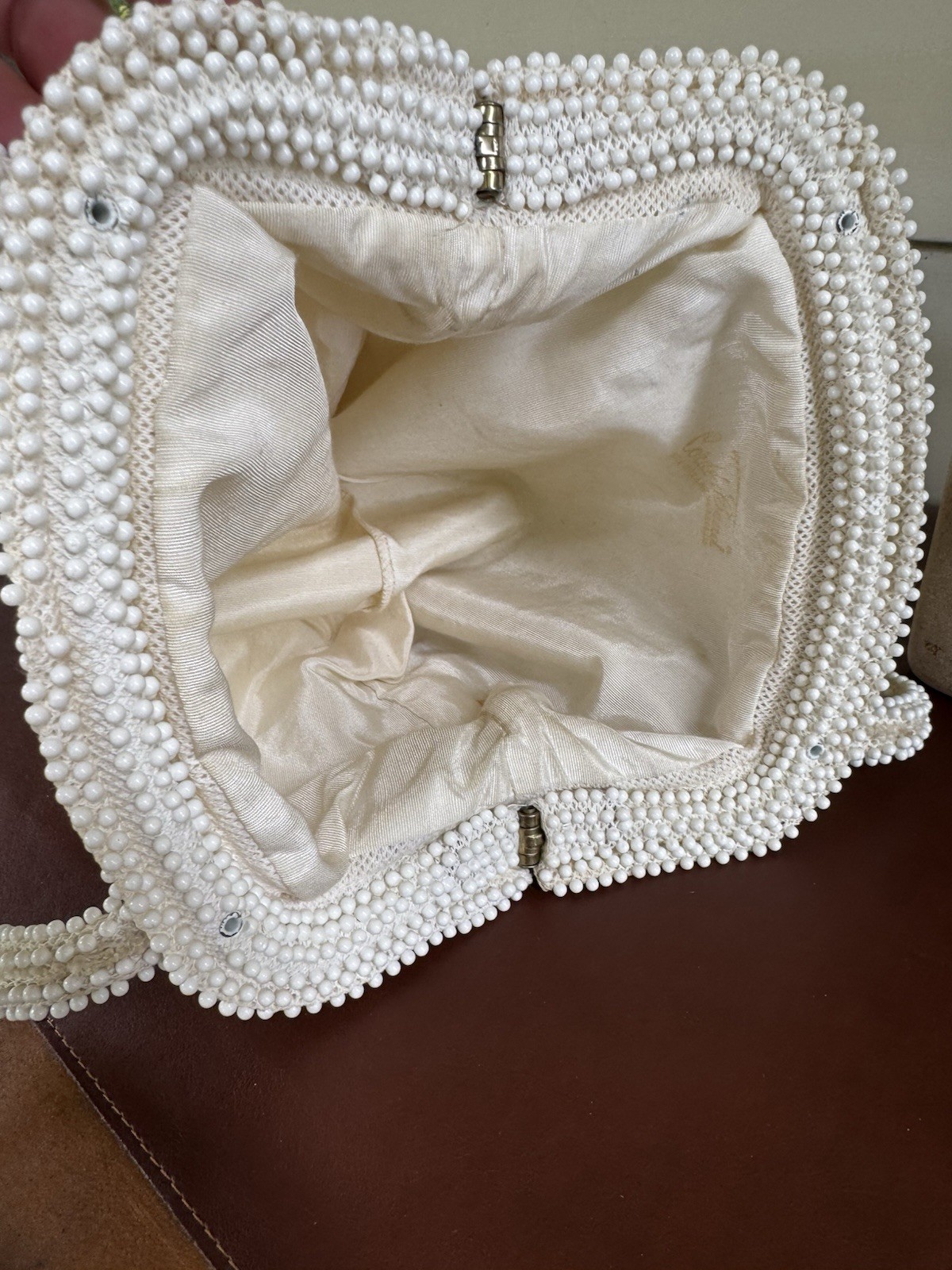 Vintage Candy Dot Purse Beaded White Plastic Double Sided Bag Corde Bead Lumered