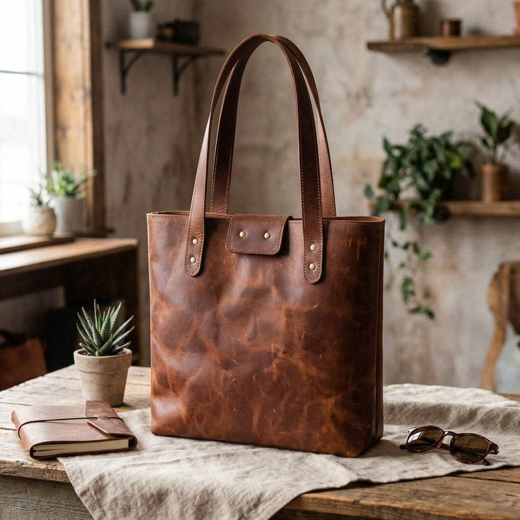 Minimalist Leather Tote Bag, Everyday Shoulder Bag, Handmade Full Grain Leather