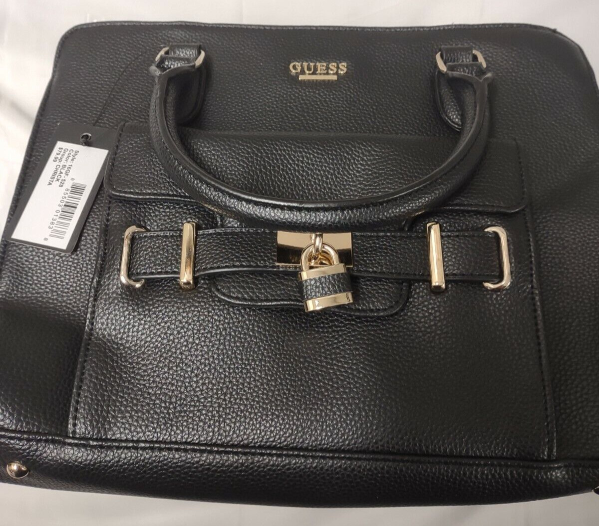 Guess Shoulder Bag Purse Womens Sz L Crista Black Faux Leather Pad Lock PVC Tote