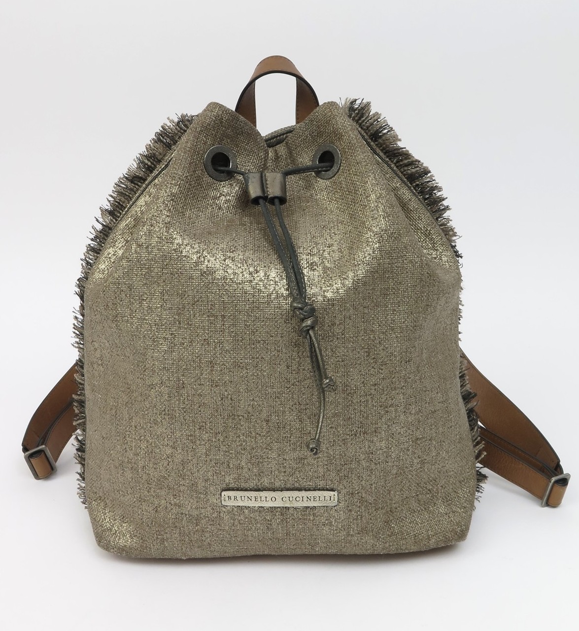 Brunello Cucinelli Raffia Woven Straw Backpack Handbag Brown Leather Gold Raffia