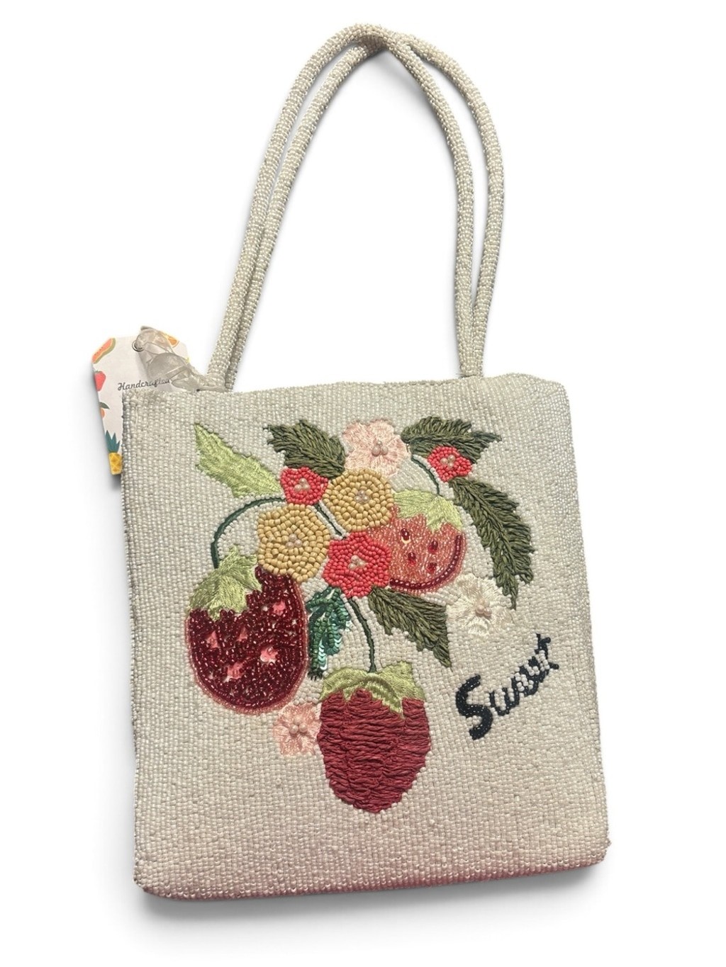Beaded Strawberry Shoulder Bag Hand Crafted- Cream & Red Accents