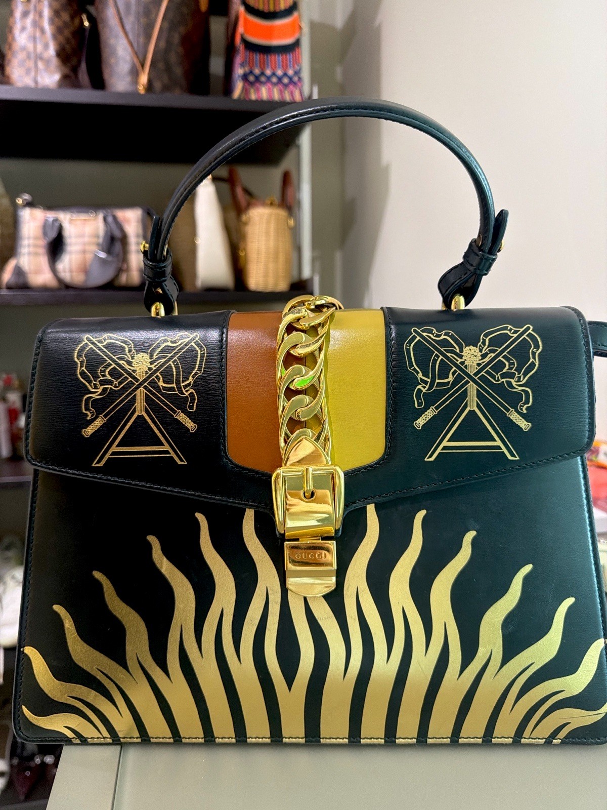 Gucci Women’s Black Top Handle Bag Gold Chain Logo Push Lock Animal Print