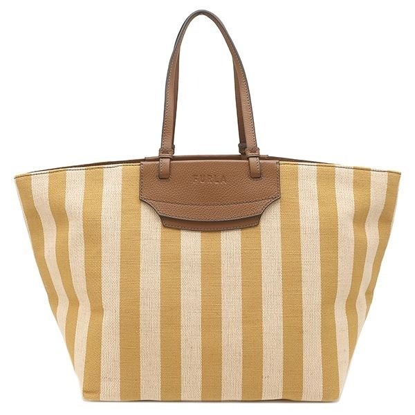 FURLA Meraviglia Canvas Tote Bag Yellow Beige Stripes 12.2*11.6*7.8 inch