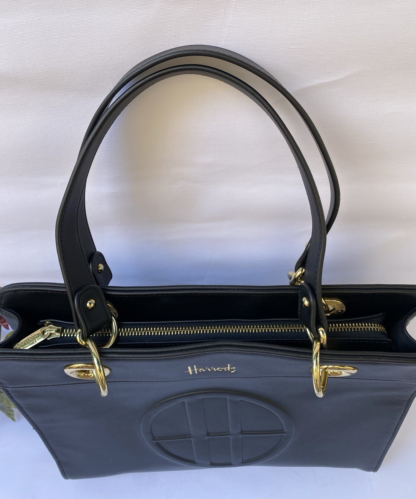 Harrods of London Black Leather Satchel, Pre-Owned, SEE PHOTOS