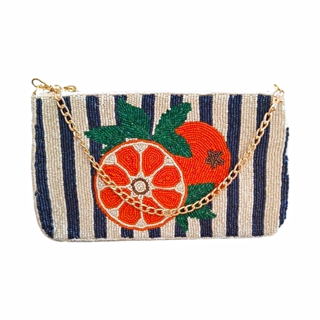 Women’s Beaded Striped Zip Clutch Gold Chain Strap Blue White Orange Embroidery