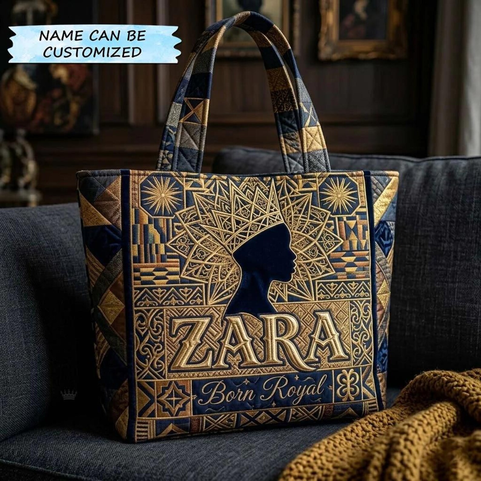 Customized Melanin Queen Quilted Tote Bag, African Queen Patchwork Handbag, Gift