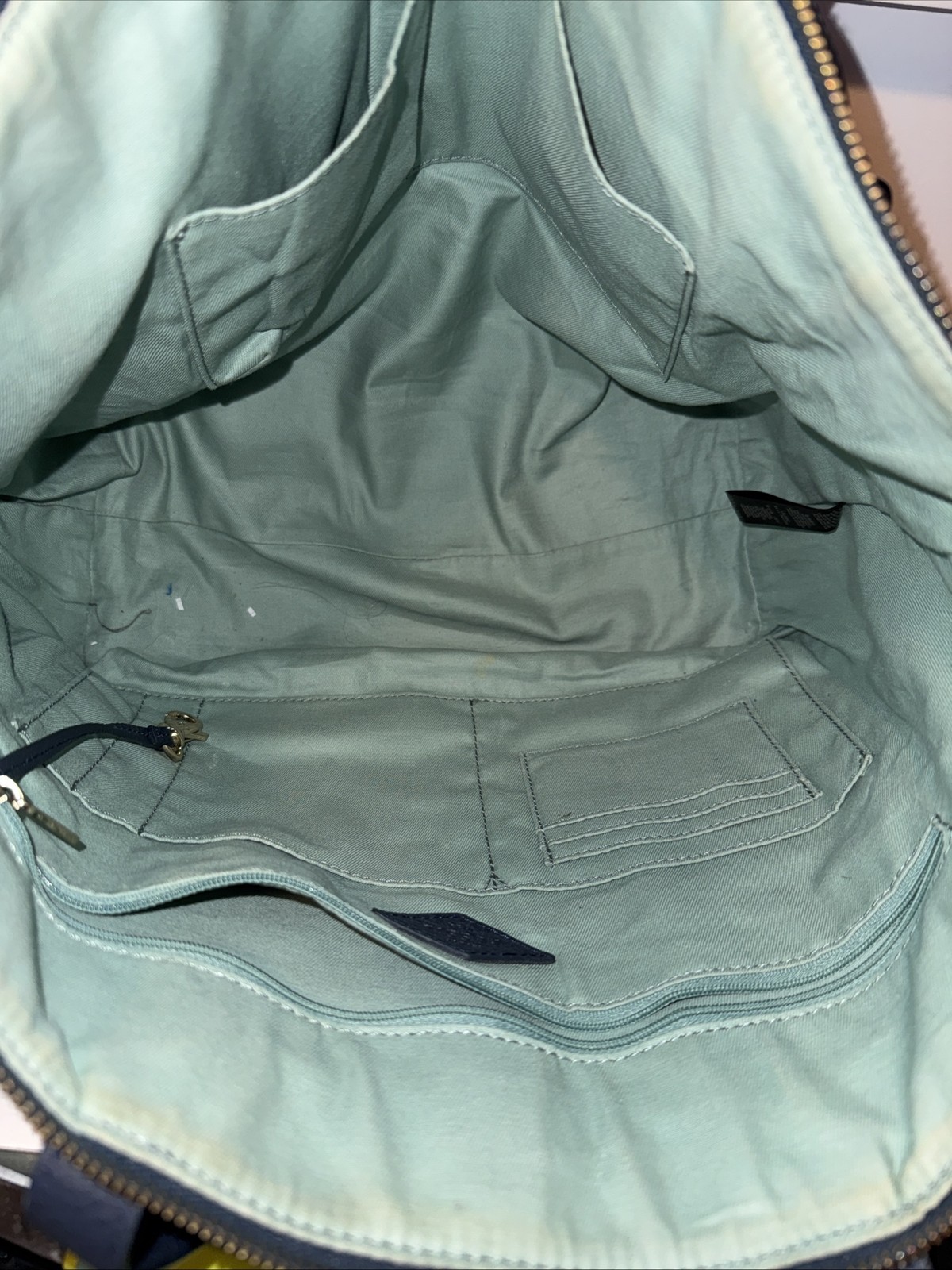 Fossil Sydney Tote Navy With Lt Green Piping Zip 11”