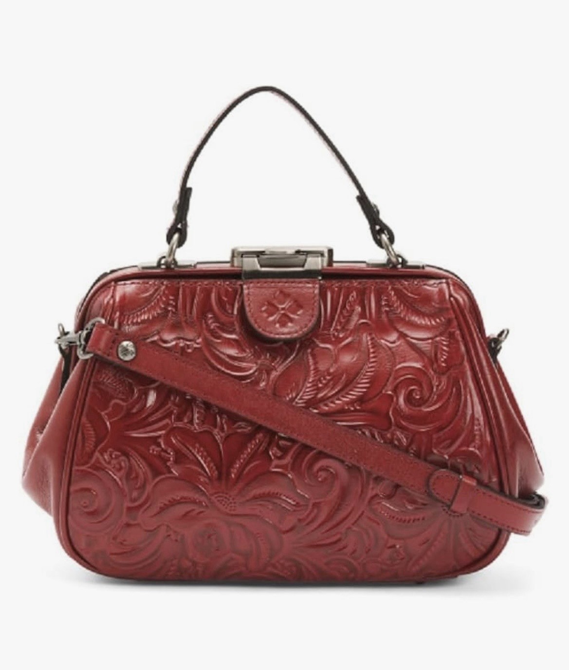 Patricia Nash Gracchi Berry Red Tooled Leather Framed Satchel Or Crossbody – New