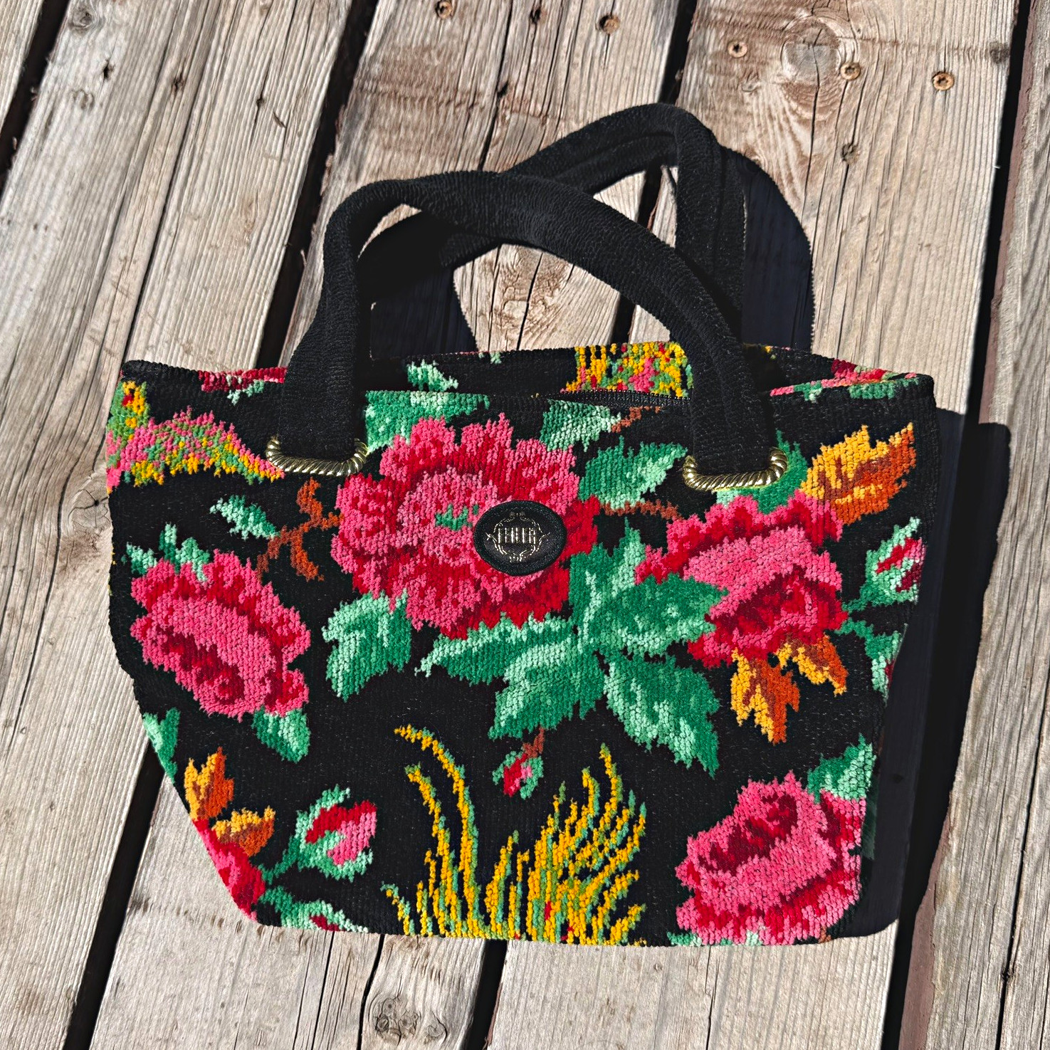 Feiler Germany Vintage 70’s floral hand woven tote bag