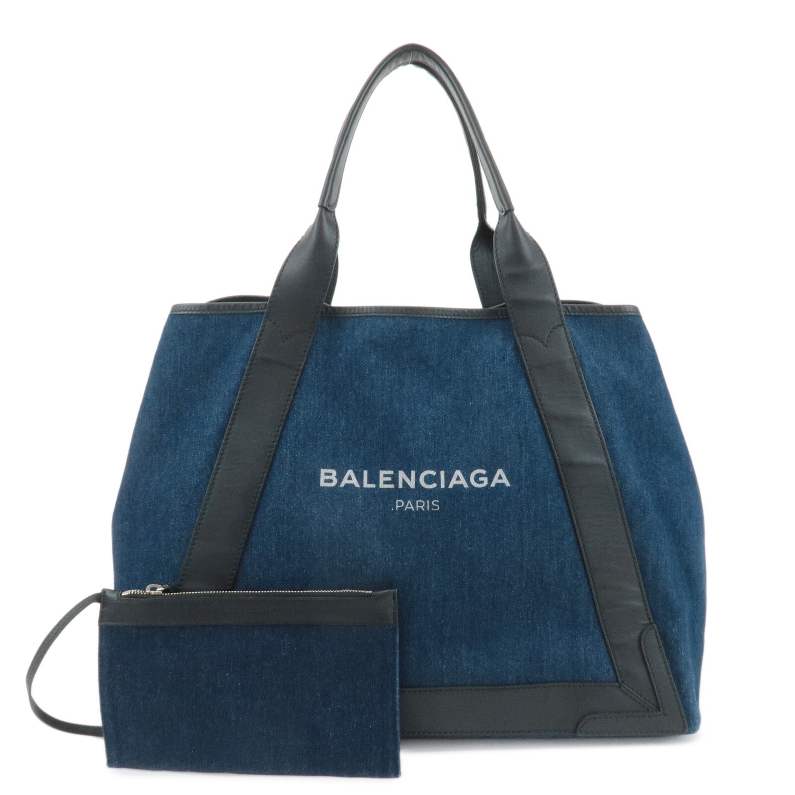 Auth BALENCIAGA Navy Cabas MM Tote Hand Bag Blue Denim Leather 339936 Used