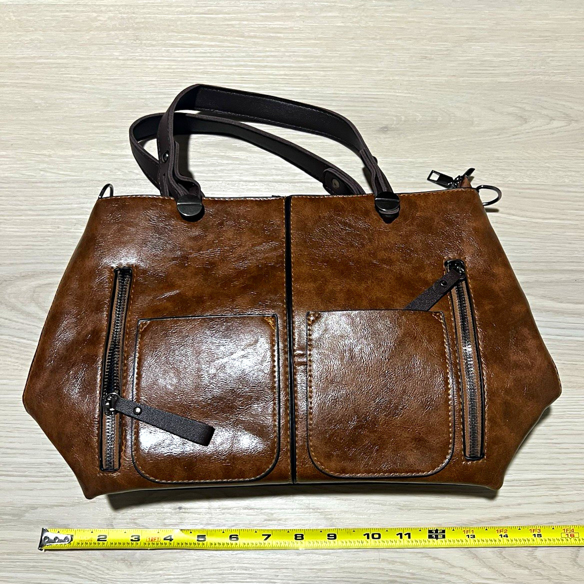 Brown Satchel Top Handle Bag Zip Closure Detachable Adjustable Strap Pockets
