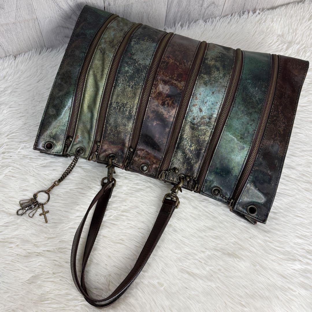 Jean Paul Gaultier V Cyber Zipper Stripe Tote Bag A4 Green Authentic 063128