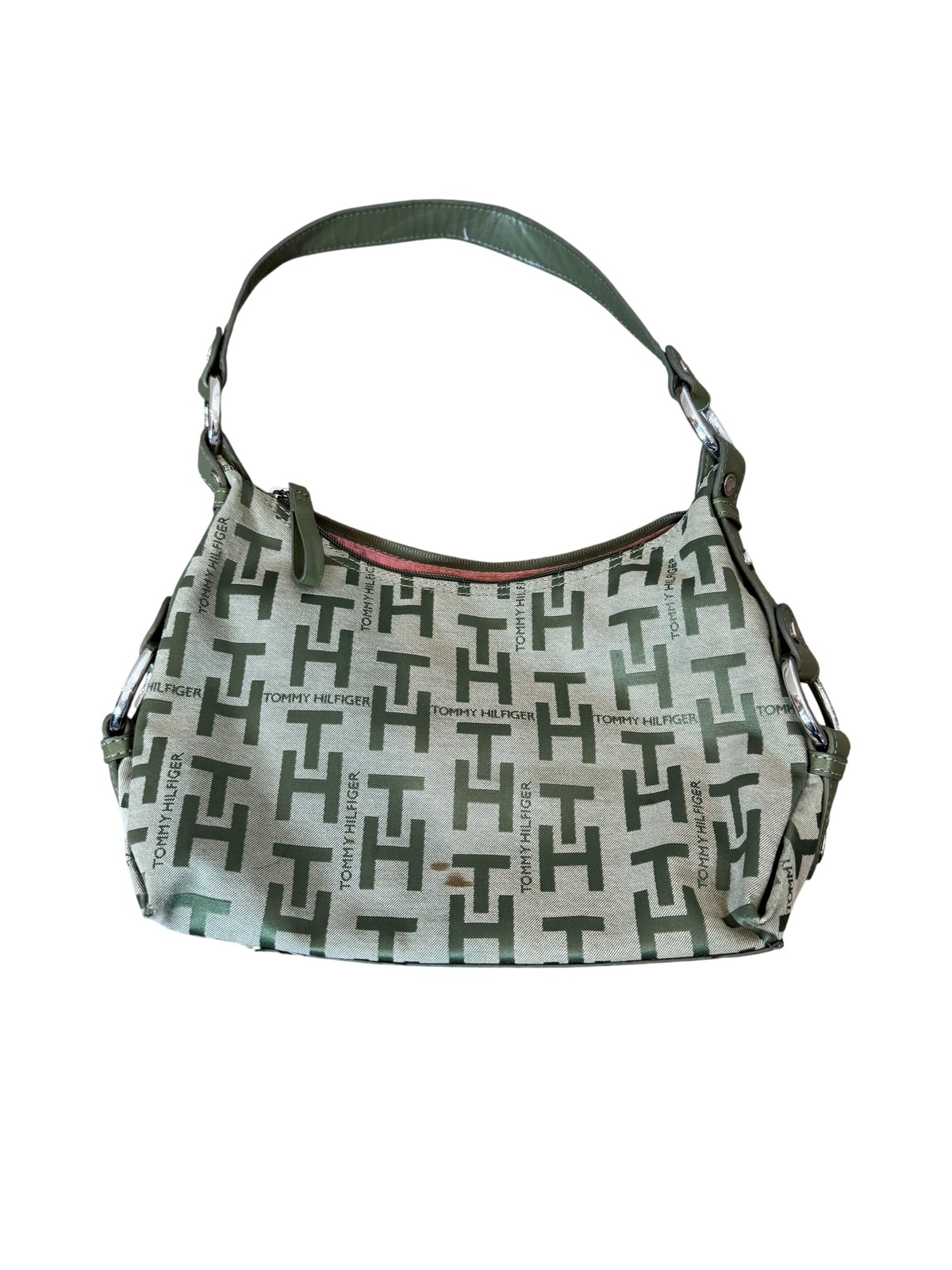 Y2K Tommy Hilfiger Shoulder Bag Womens Medium Green Monogram Canvas Pink Lining