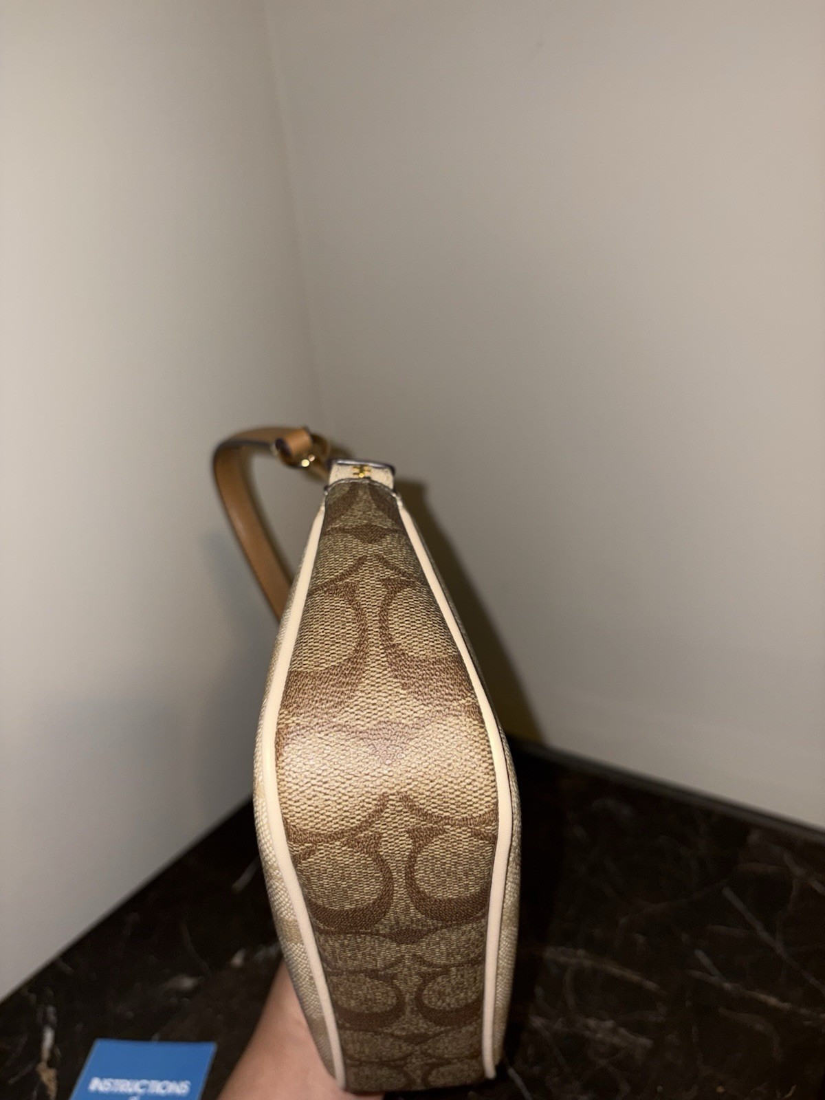 Coach Signature Logo Small Shoulder Bag Zip Top Charm Tan Strap Beige Brown.