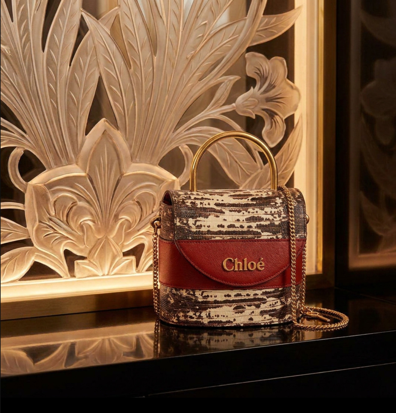 Chloé Aby Lock Small Bag Lizard-Embossed Sepia Brown 27S NWT New in Box