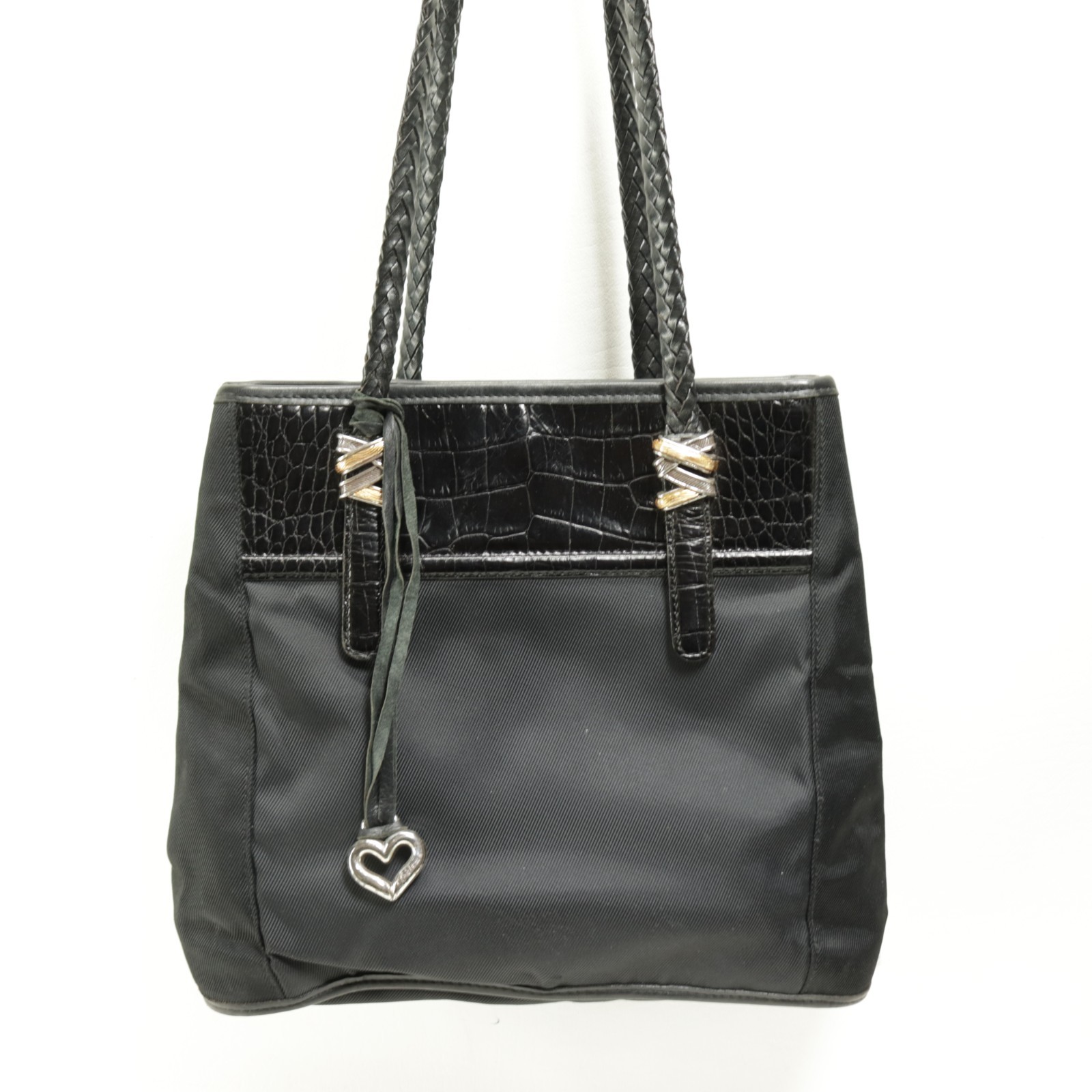 Vtg Brighton Shoulder Handbag Black Nylon Canvas Brown Croc Leather Braid Straps