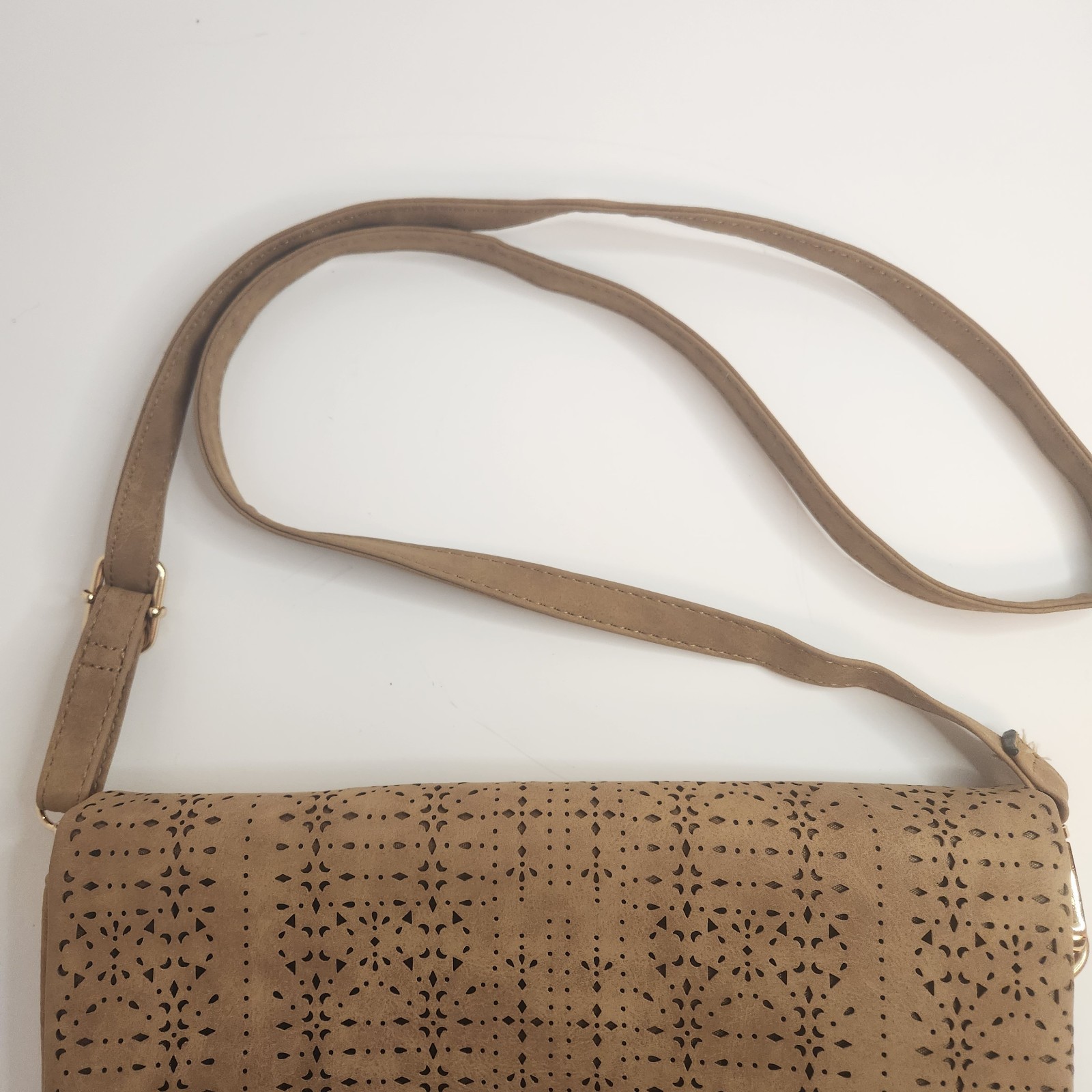 Tan Faux Suede FoldOver Crossbody Laser Cut Purse 11.5″ x 7.25″ Adjustable Strap