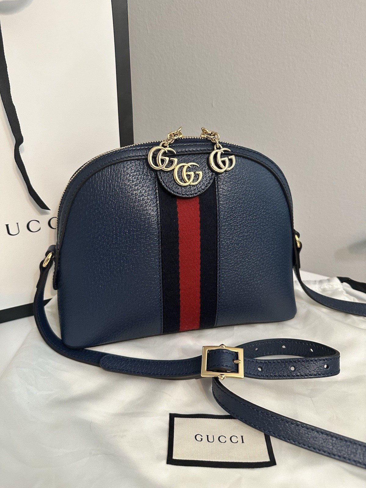 Gucci Ophidia Small Dome Crossbody Bag Navy Blue Grained Leather Authentic