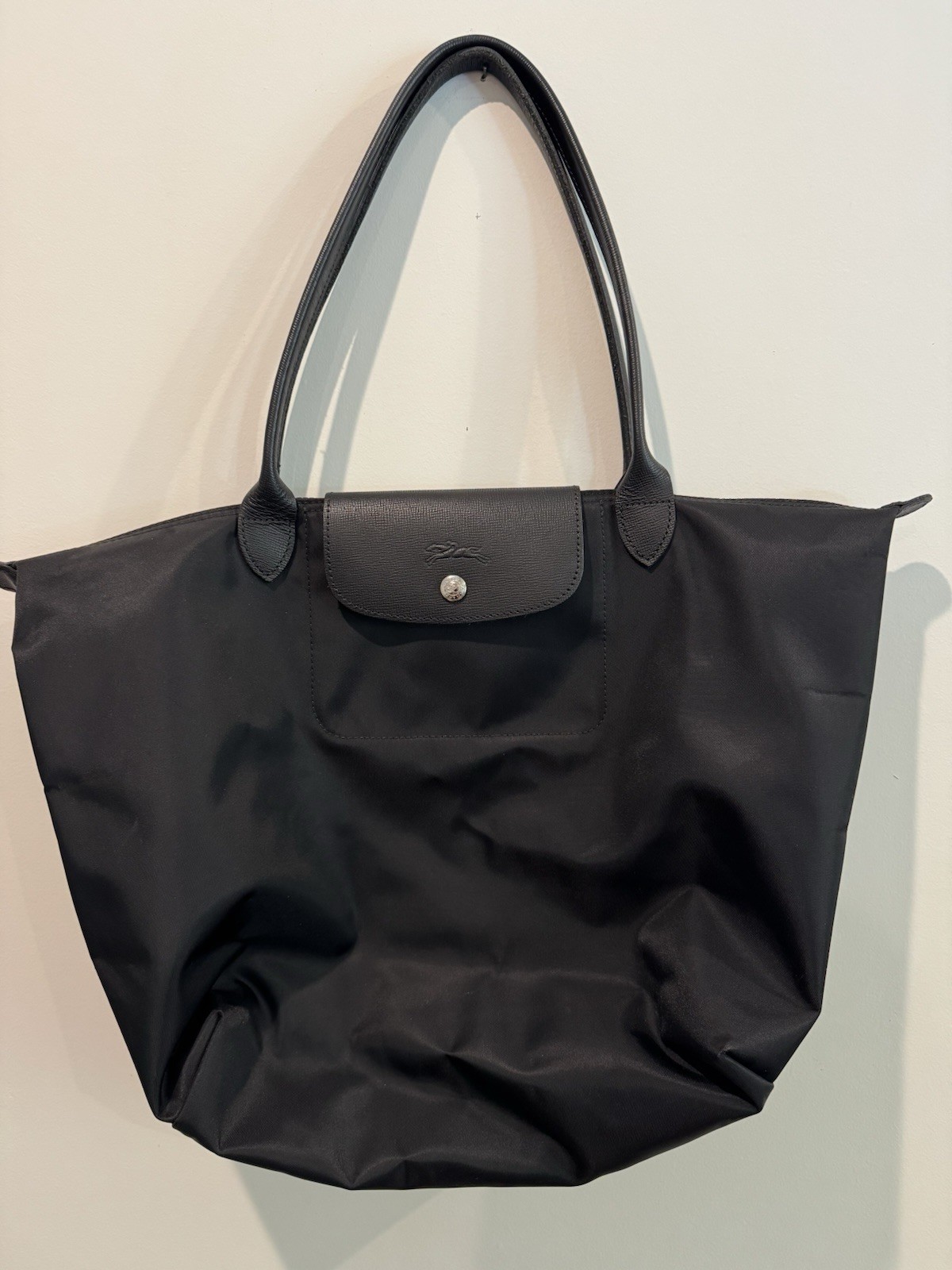 Longchamp Le Pliage Tote, Black, Snap Closure, Leather Handles, Silver HW.