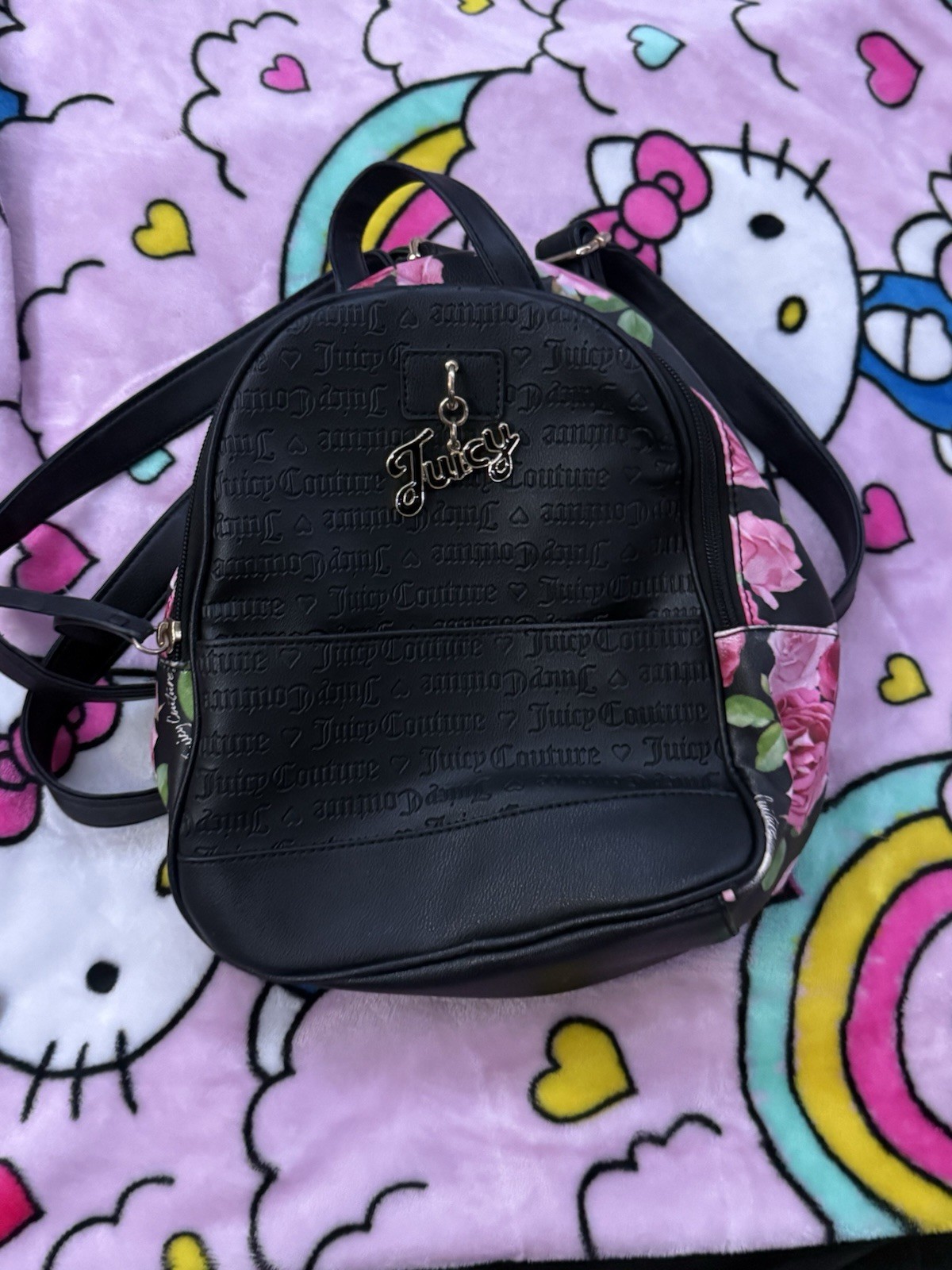 Juicy Couture Mini Backpack Black Pink Floral Zip Top Handle Adjustable Strap