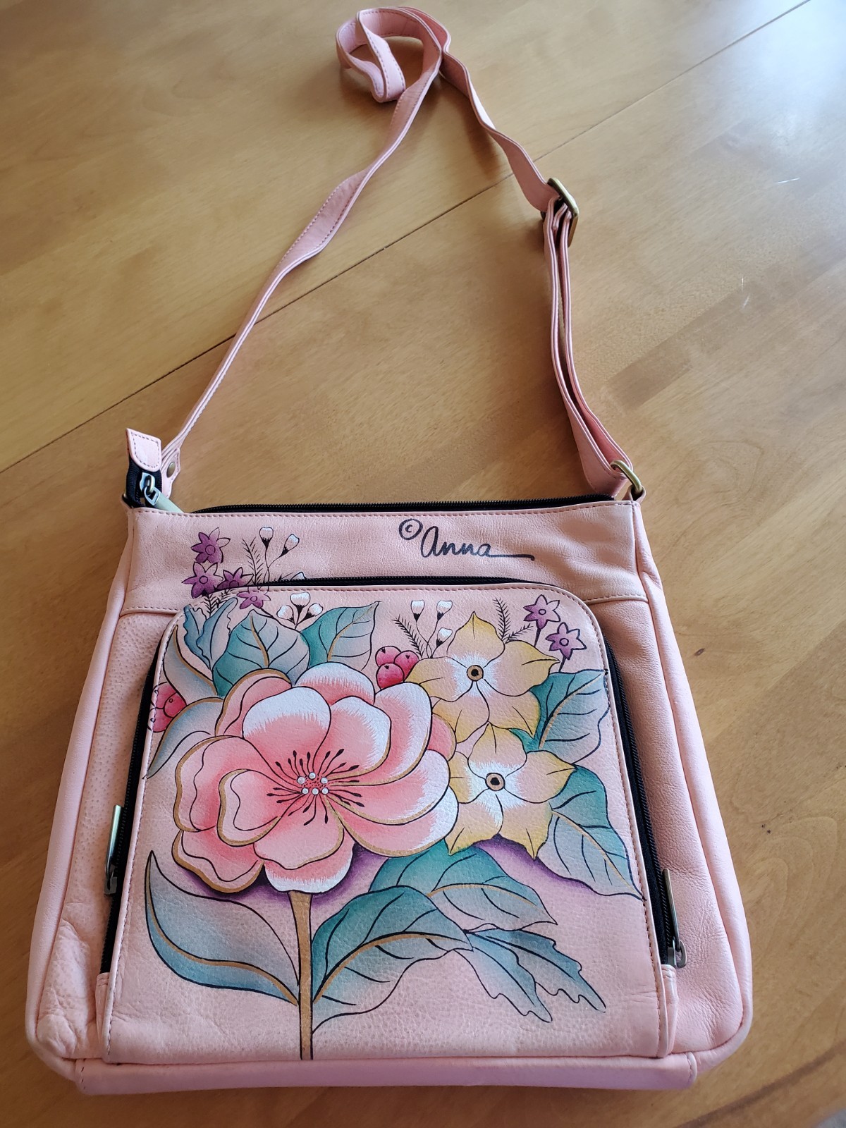Anuschka Retro Crossbody Purse Pink w/ Birds and Flowers Adjustable strap