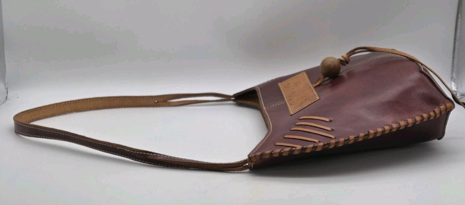 Handmade Tooled Burgundy Leather Purse Shoulder Bag Stitching Accent Western