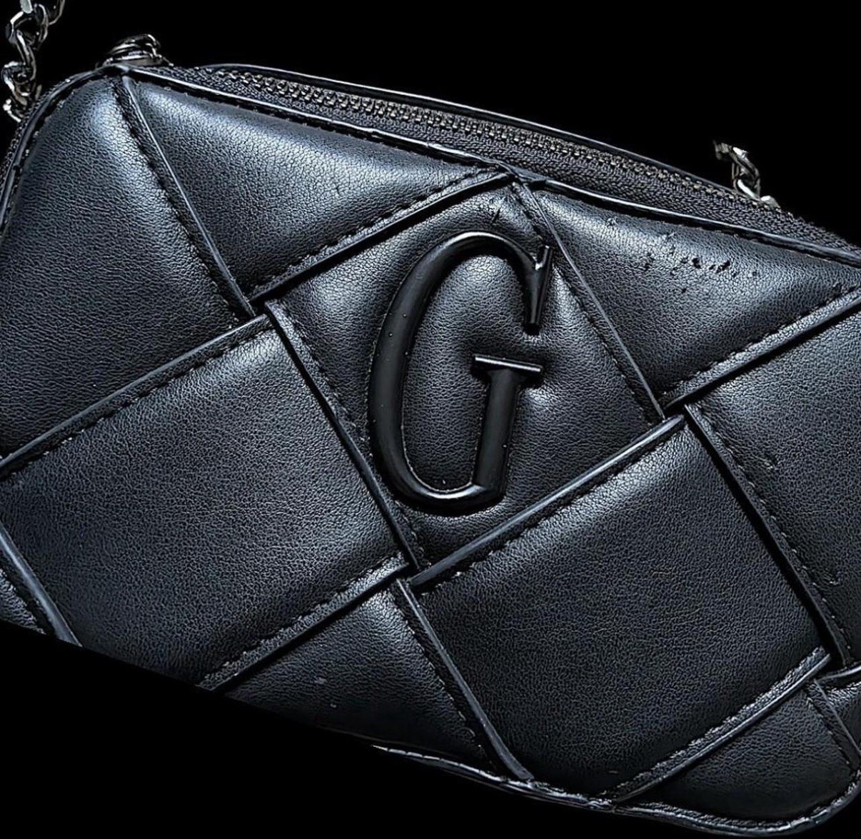 Small Black Quilted Logo Crossbody Bag w/ Chain Strap, Detachable Strap, Zipper