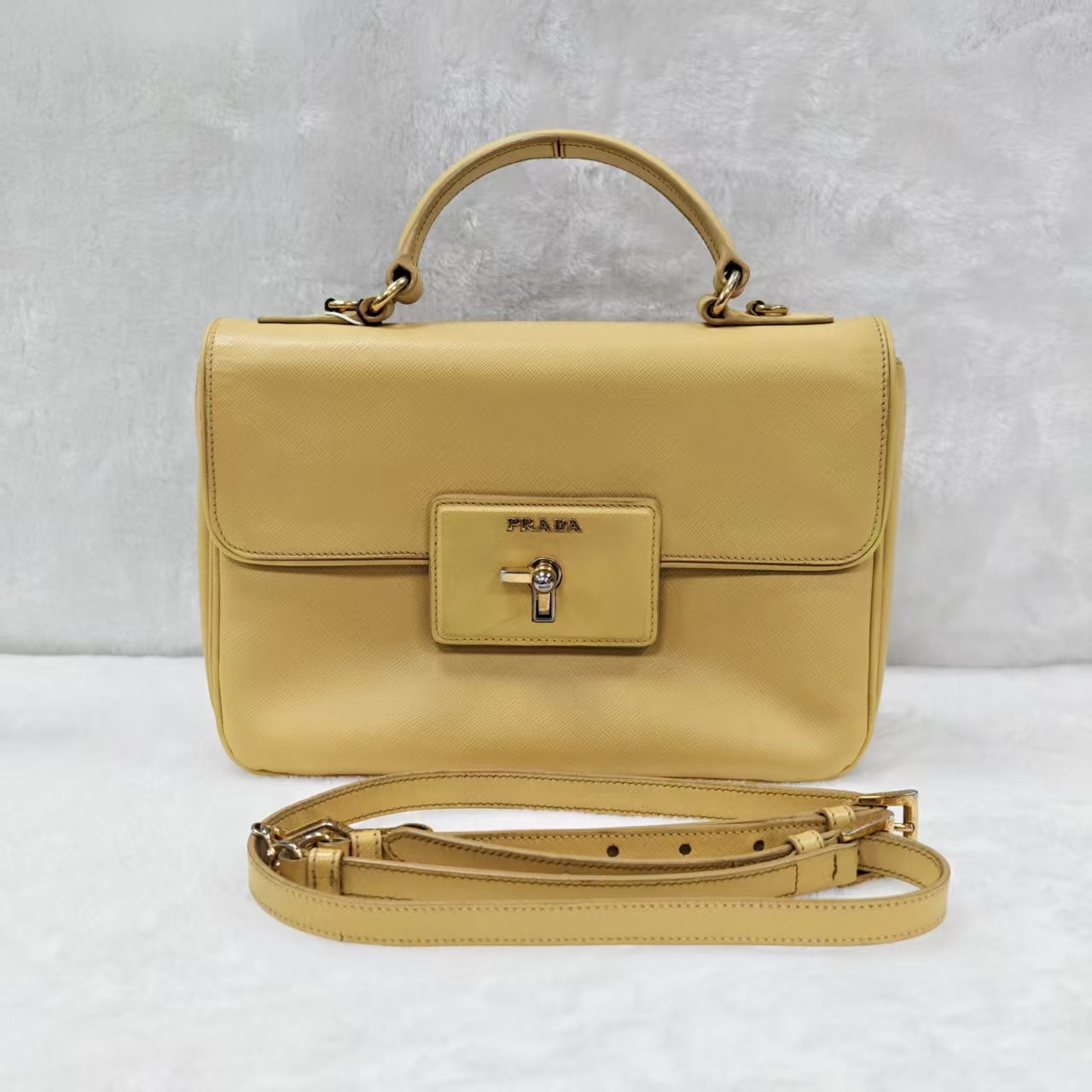 Prada Esplanade Cream Yellow Saffiano Leather Top Handle Bag