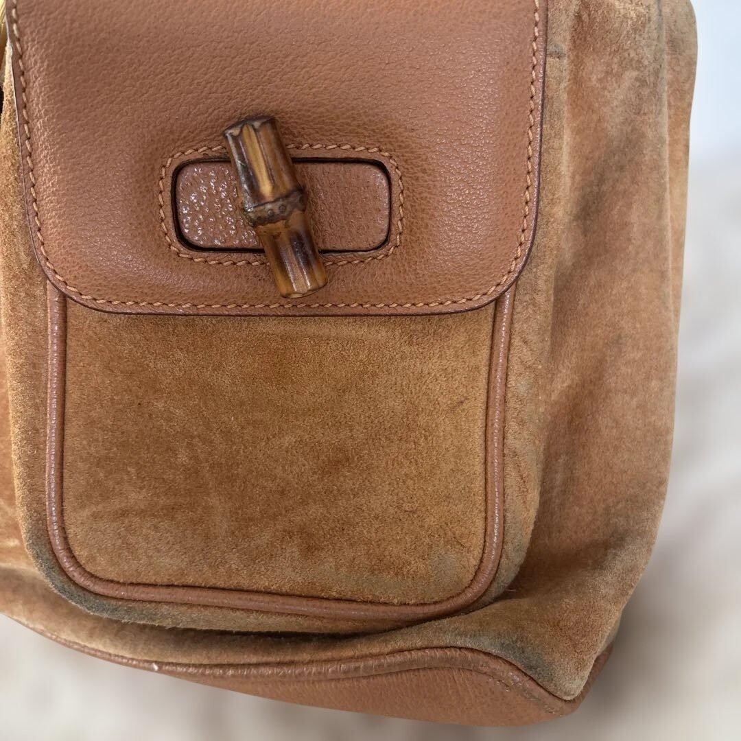 GUCCI Bamboo Suede Backpack Camel Gold Turn Lock Vintage Women Italy From Japan
