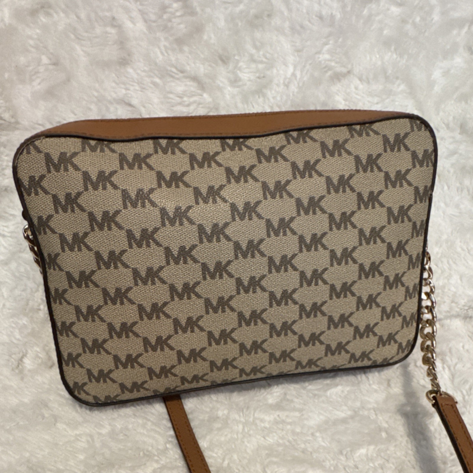 Michael Kors Brown Logo Chain Accent Shoulder Bag Gold Hardware Adjustable Women