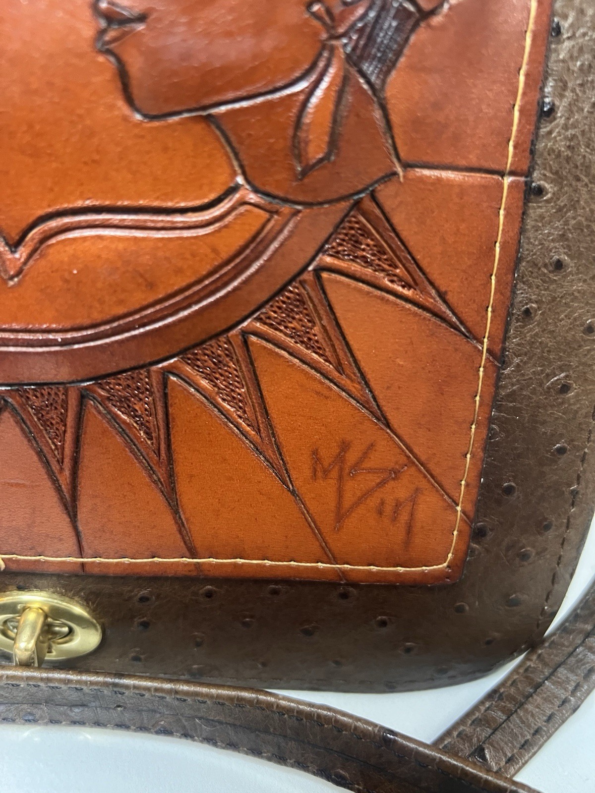 Marvin Sin Hand Tooled Leather Crossbody Bag Signed Artist African Portrait VTG