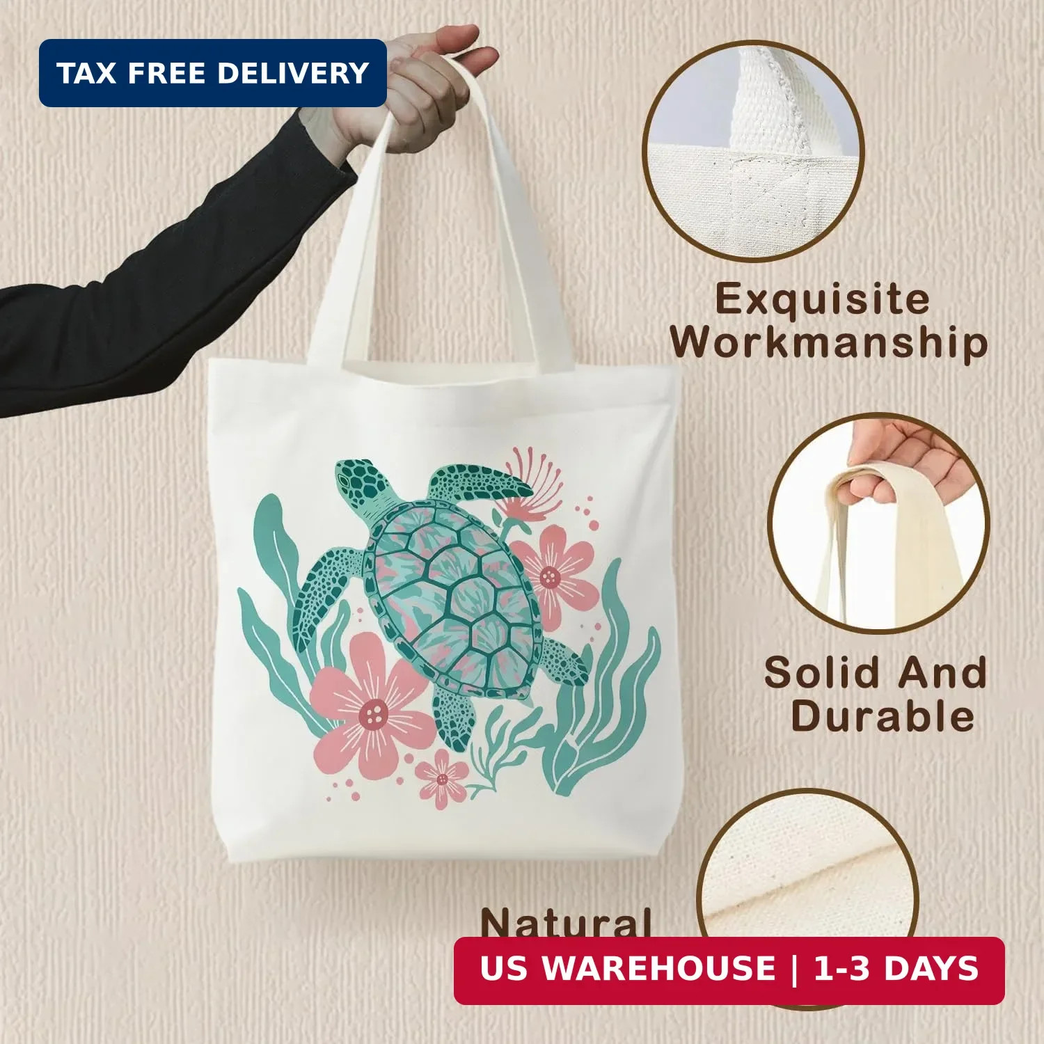 Floral Sea Turtle Tote Bag Women Summer Beach Gift Shoulder Handbag