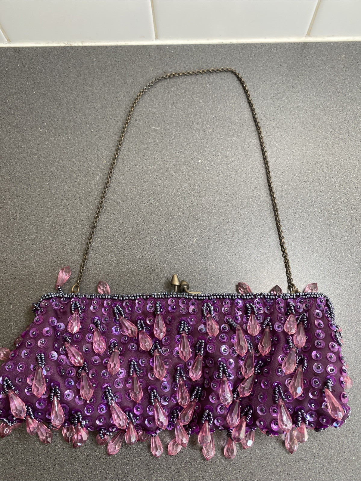 Vintage Mollini Purple Beaded & Sequined CLUTCH PURSE 24x10cm