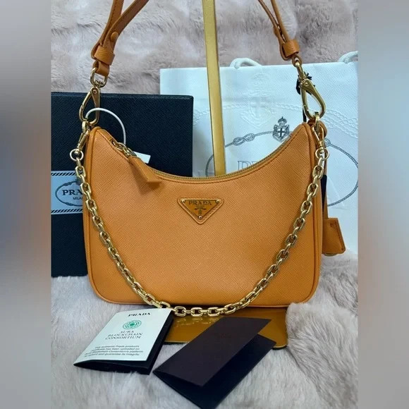 PRADA Saffiano Lux Beige Shoulder Bag Chain Strap Zipper Accents Dust Bag