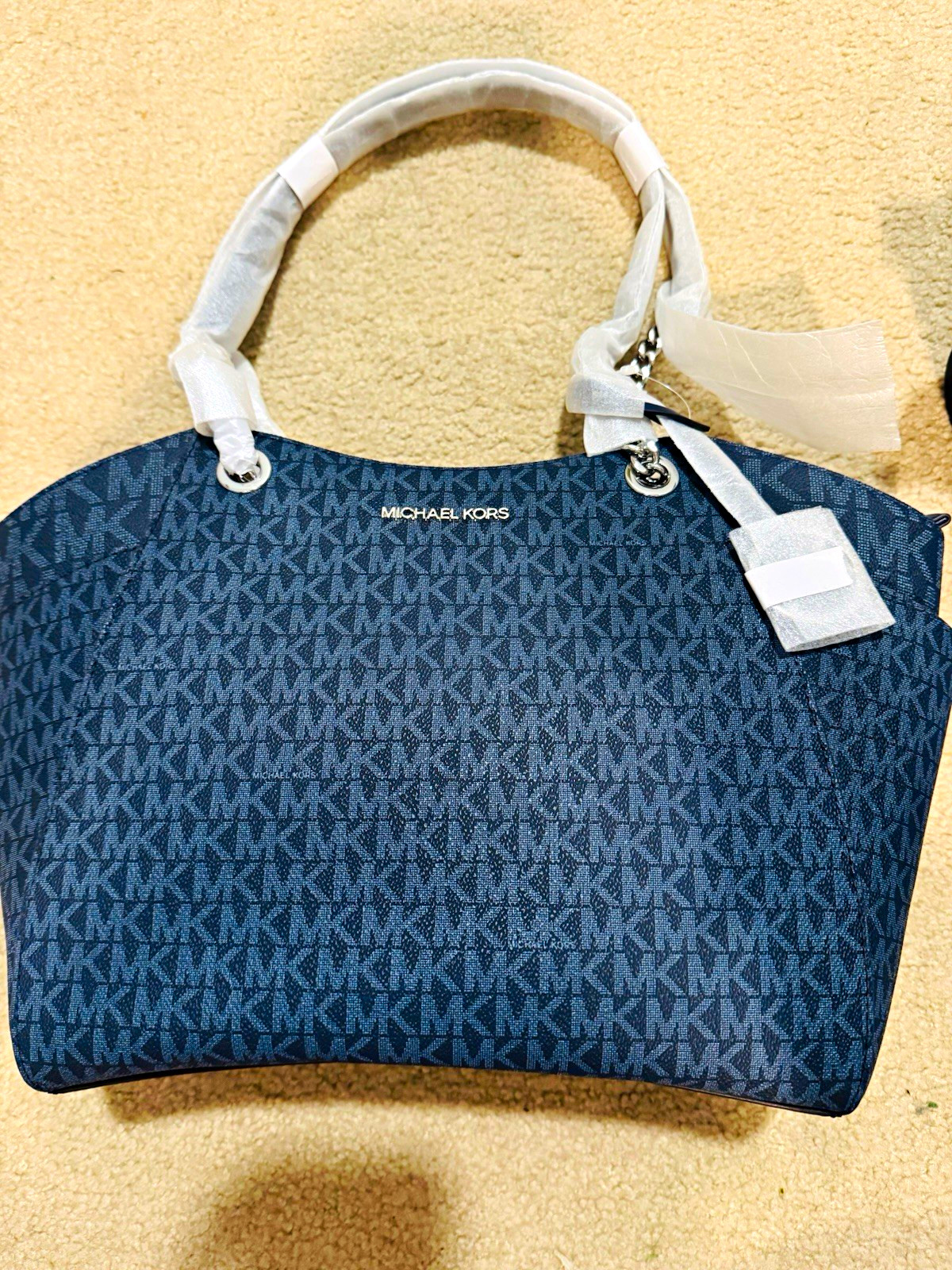 Michael Kors Jet Set Travel Large Navy Logo Tote Chain Detail Zip Detach Strap